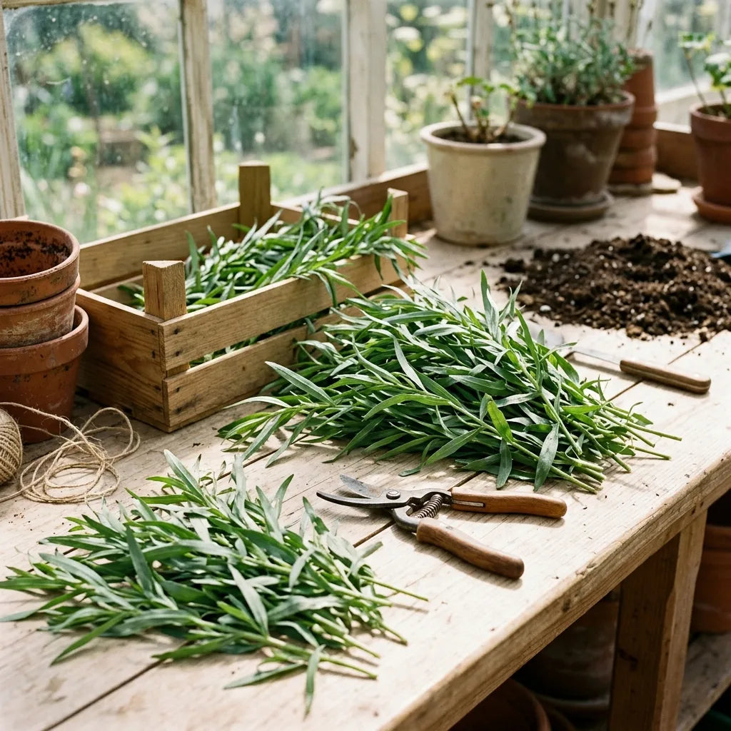 Récolte de rameaux d'estragon fraîchement coupés sur l'établi d'un atelier de jardin