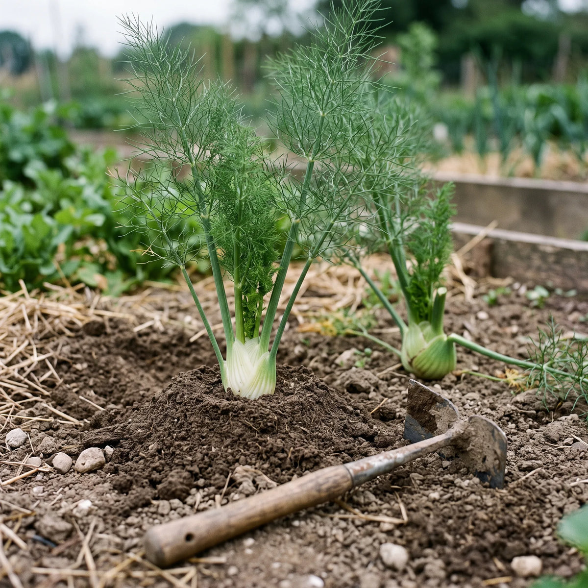 Buttage de la terre autour du bulbe de fenouil quand il atteint la taille d'un œuf