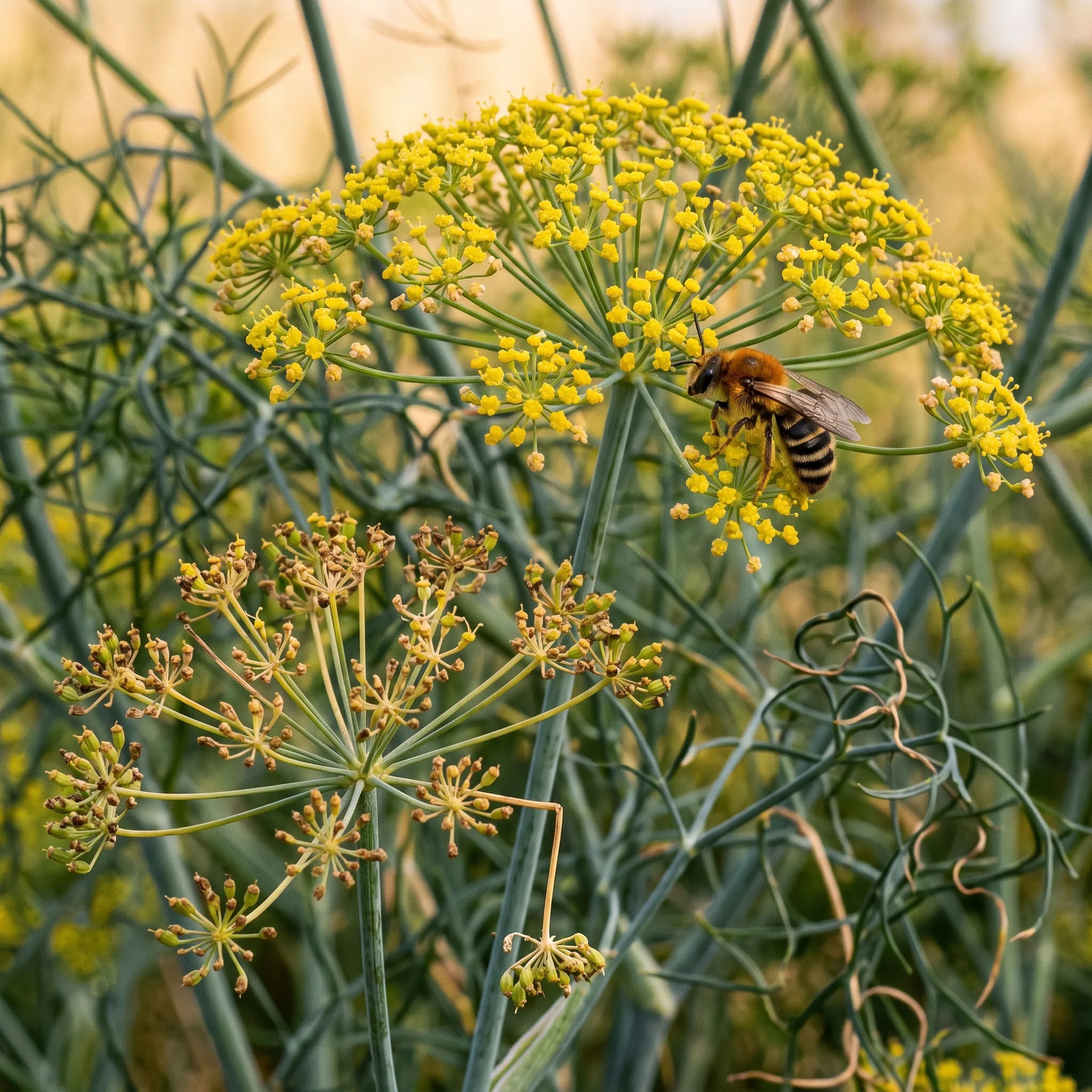 Grandes ombelles jaunes du fenouil visitées par une abeille solitaire halicte