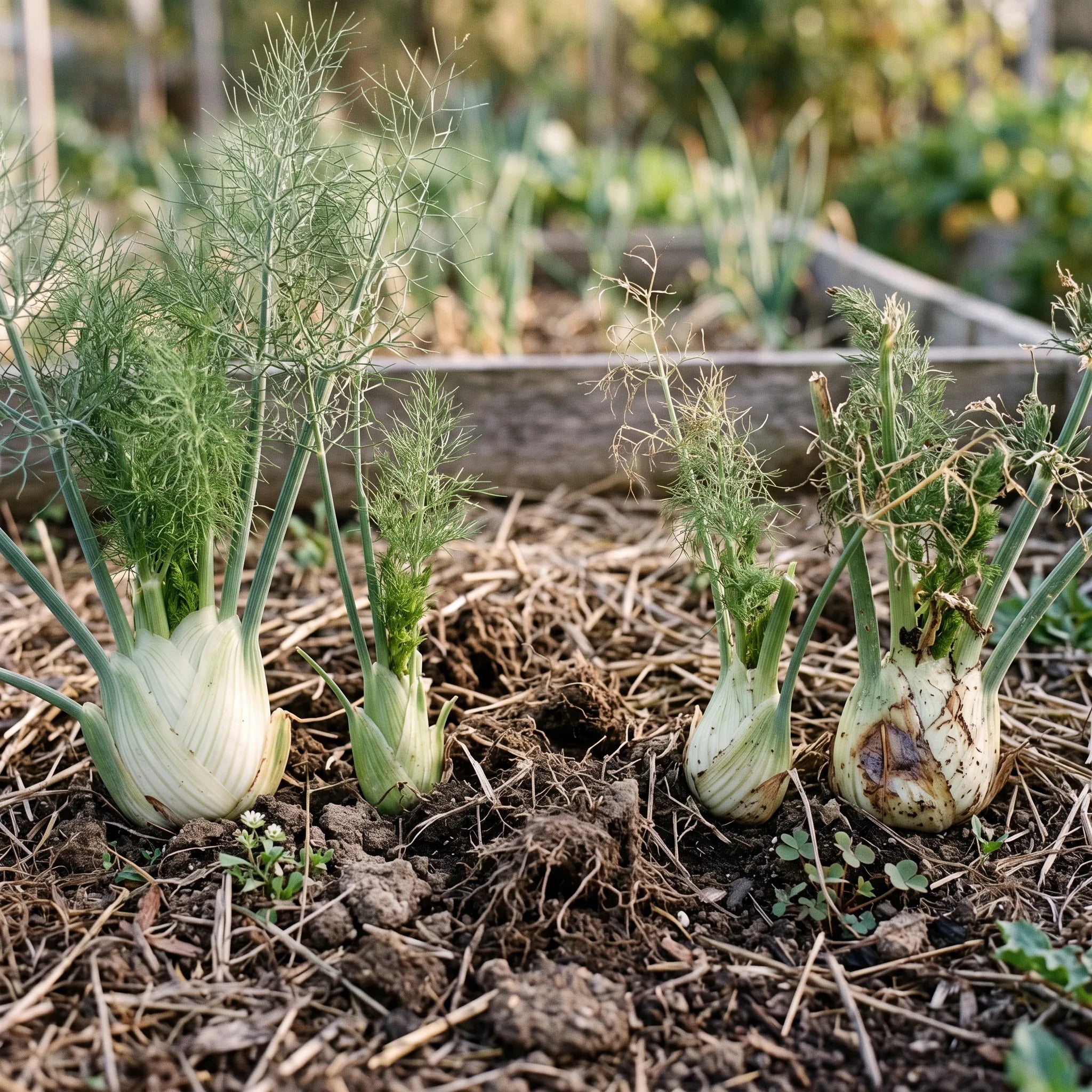 Rang de fenouil au potager, bulbes renflés reposés au ras du sol sous leur panache plumeux