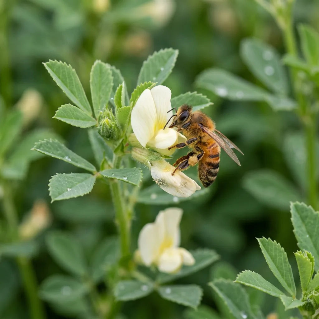 Abeille butinant une fleur papilionacée blanc crème de fenugrec — SemiSauvage
