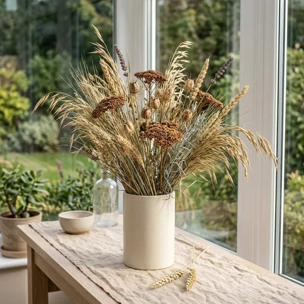 Bouquet sec de panicules de fétuque bleue dans un vase de grès, sous la véranda