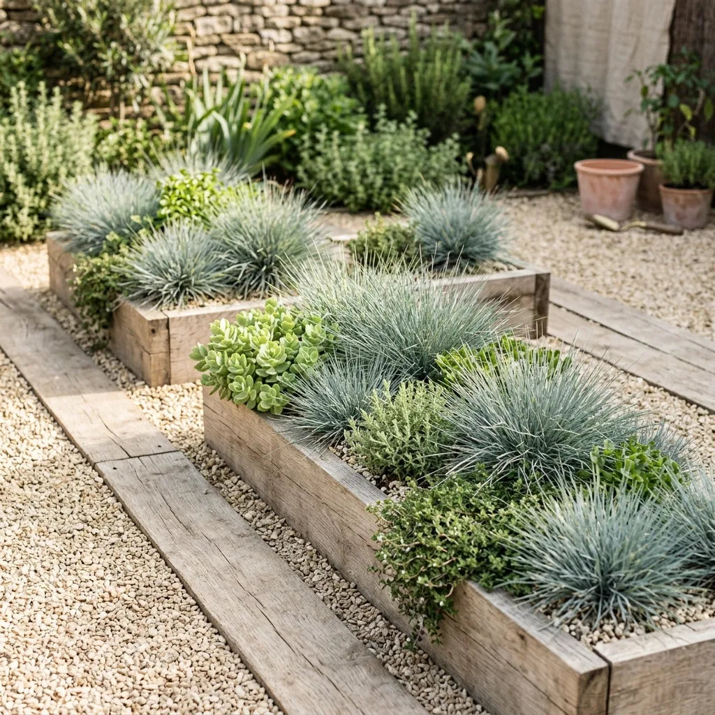 Fétuques bleues cultivées en jardinières de bois le long d'un chemin de traverses