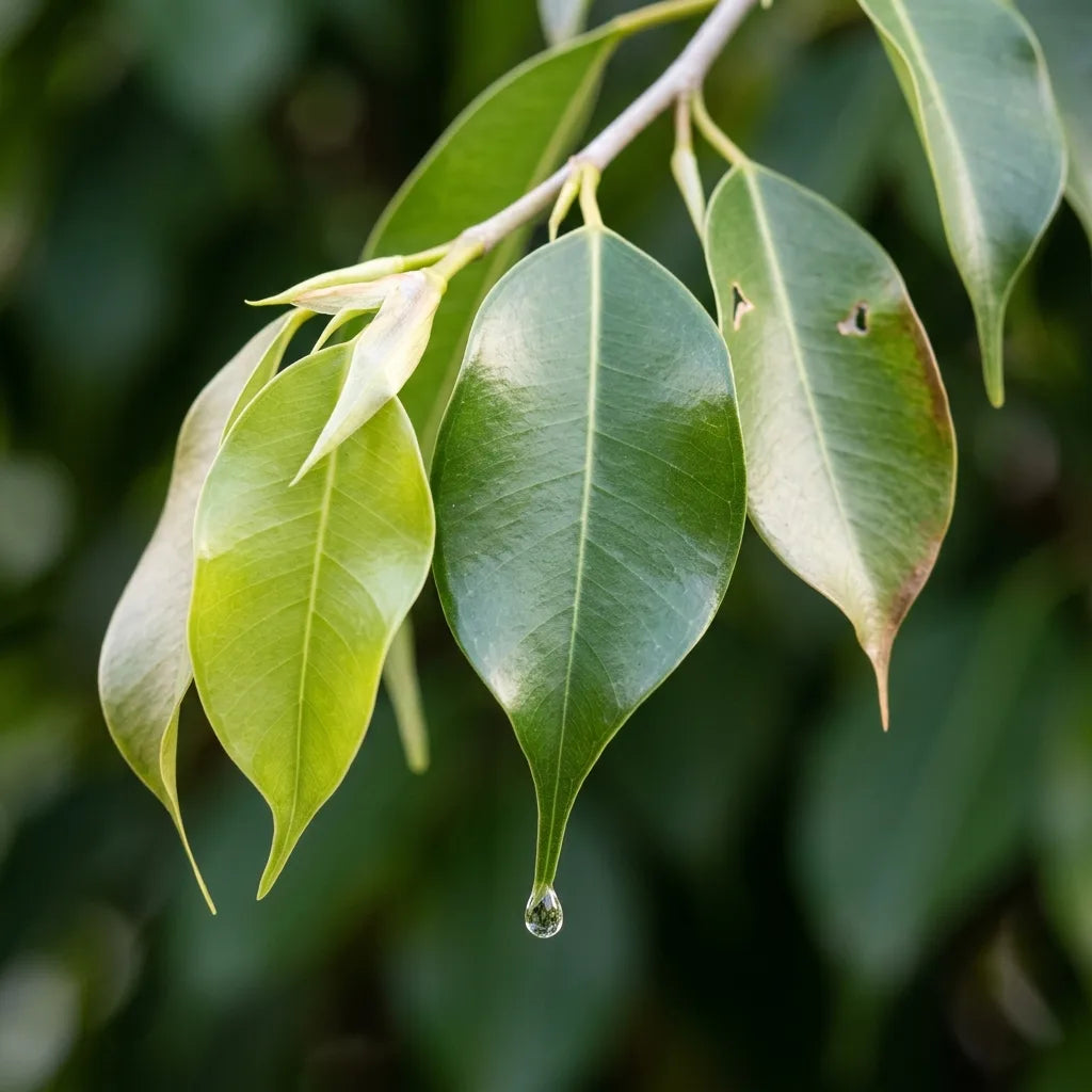 Feuilles de figuier pleureur (Ficus benjamina) à pointe acuminée et jeune pousse — SemiSauvage