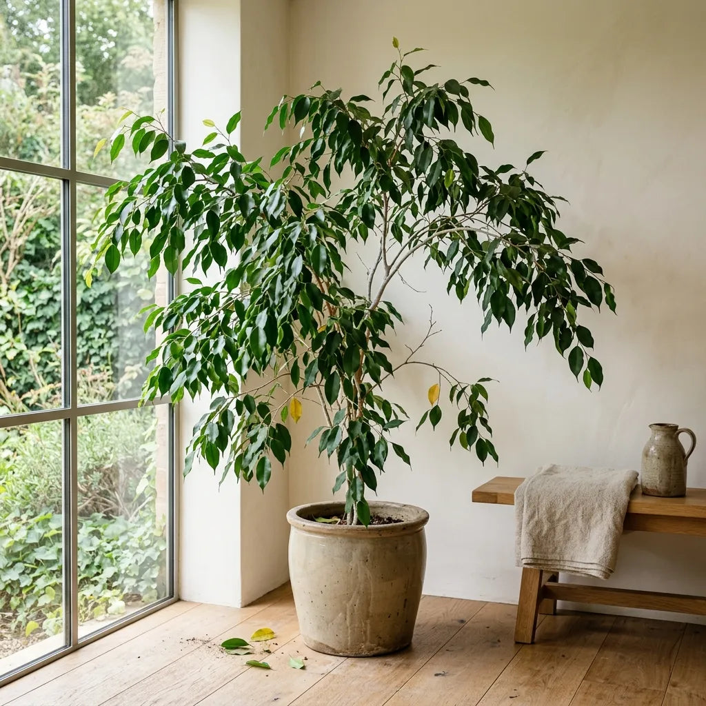 Figuier pleureur (Ficus benjamina) cultivé en pot dans un intérieur lumineux — SemiSauvage