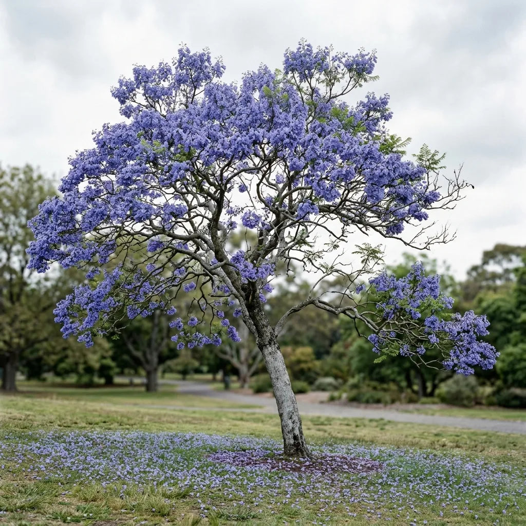 Jacaranda adulte en pleine floraison bleu-lavande dans un parc, tapis de fleurs tombées — SemiSauvage