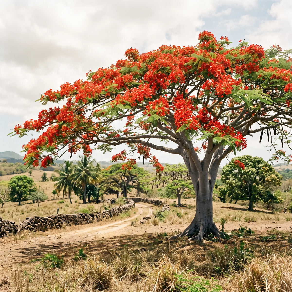Flamboyant royal en pleine floraison dans un paysage tropical — SemiSauvage