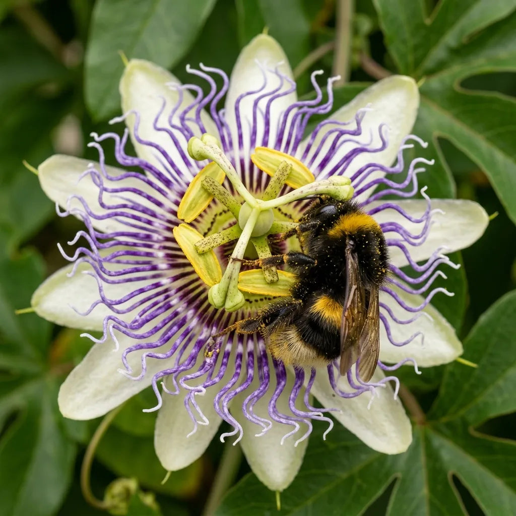 Bourdon pollinisant une fleur de la passion, couronne de filaments blancs et violets — SemiSauvage