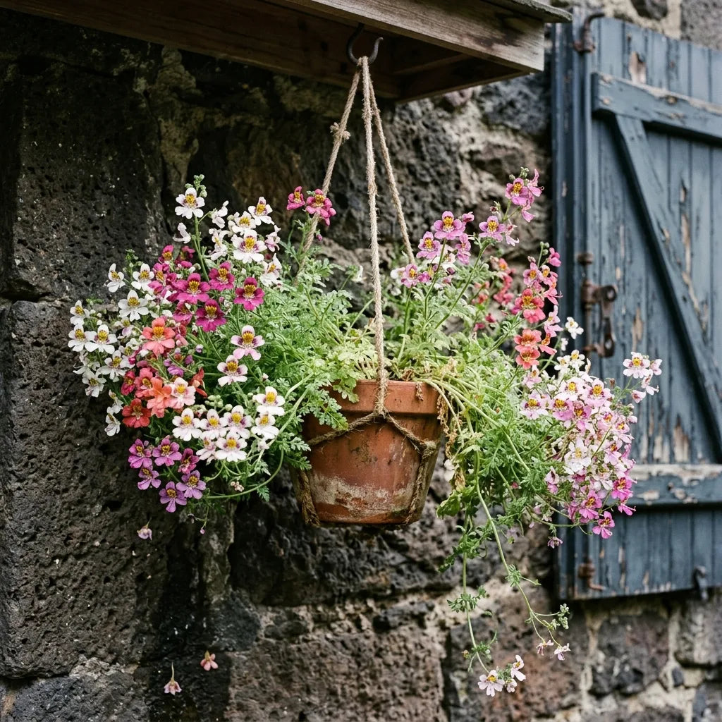 Suspension de fleurs de papillon retombant devant un mur de pierre — SemiSauvage