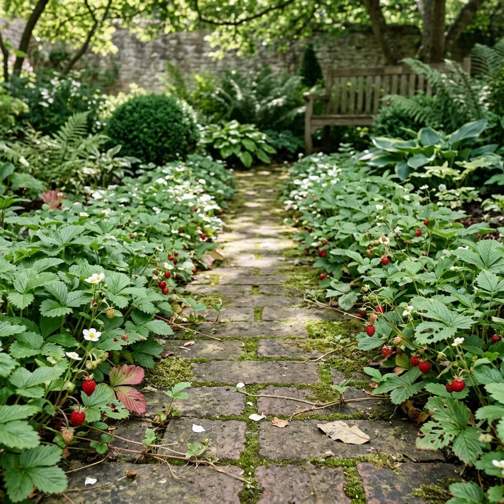 Fraisiers des bois (Fragaria vesca) en bordure d'allée ombragée — SemiSauvage