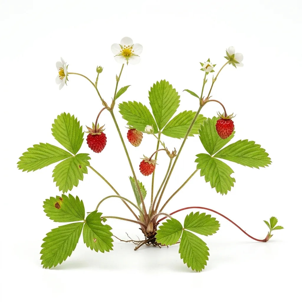 Pied de fraisier des bois (Fragaria vesca) avec fleurs, fruits et stolon, sur fond blanc — SemiSauvage