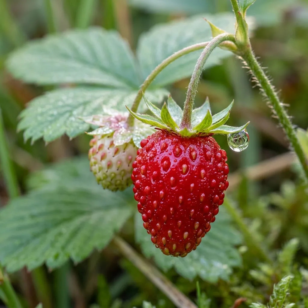Fraise des bois (Fragaria vesca) mûre couverte de rosée — SemiSauvage