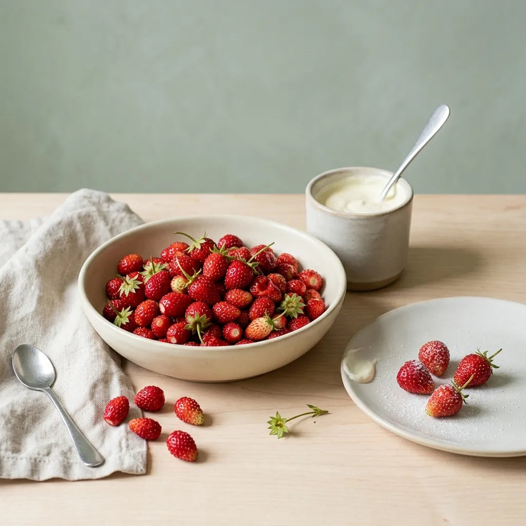 Récolte de fraises des bois (Fragaria vesca) servies à la crème — SemiSauvage