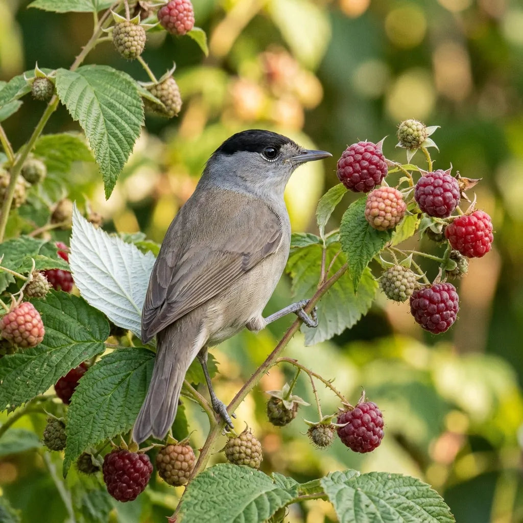 Fauvette à tête noire mâle posée dans un framboisier sauvage en fruit, à la lisière d'un bois