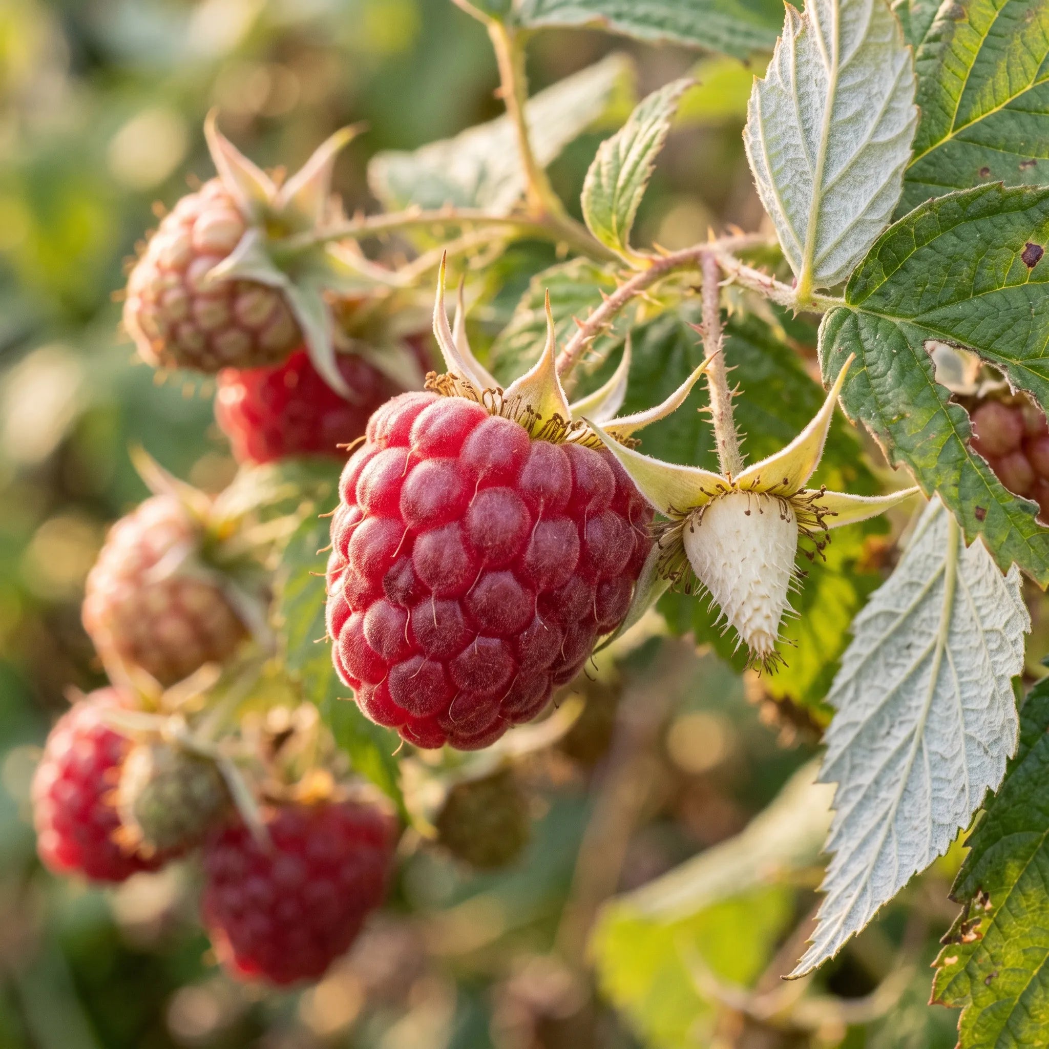 Macro d'une framboise sauvage et du réceptacle conique blanc resté sur la plante, signature du framboisier