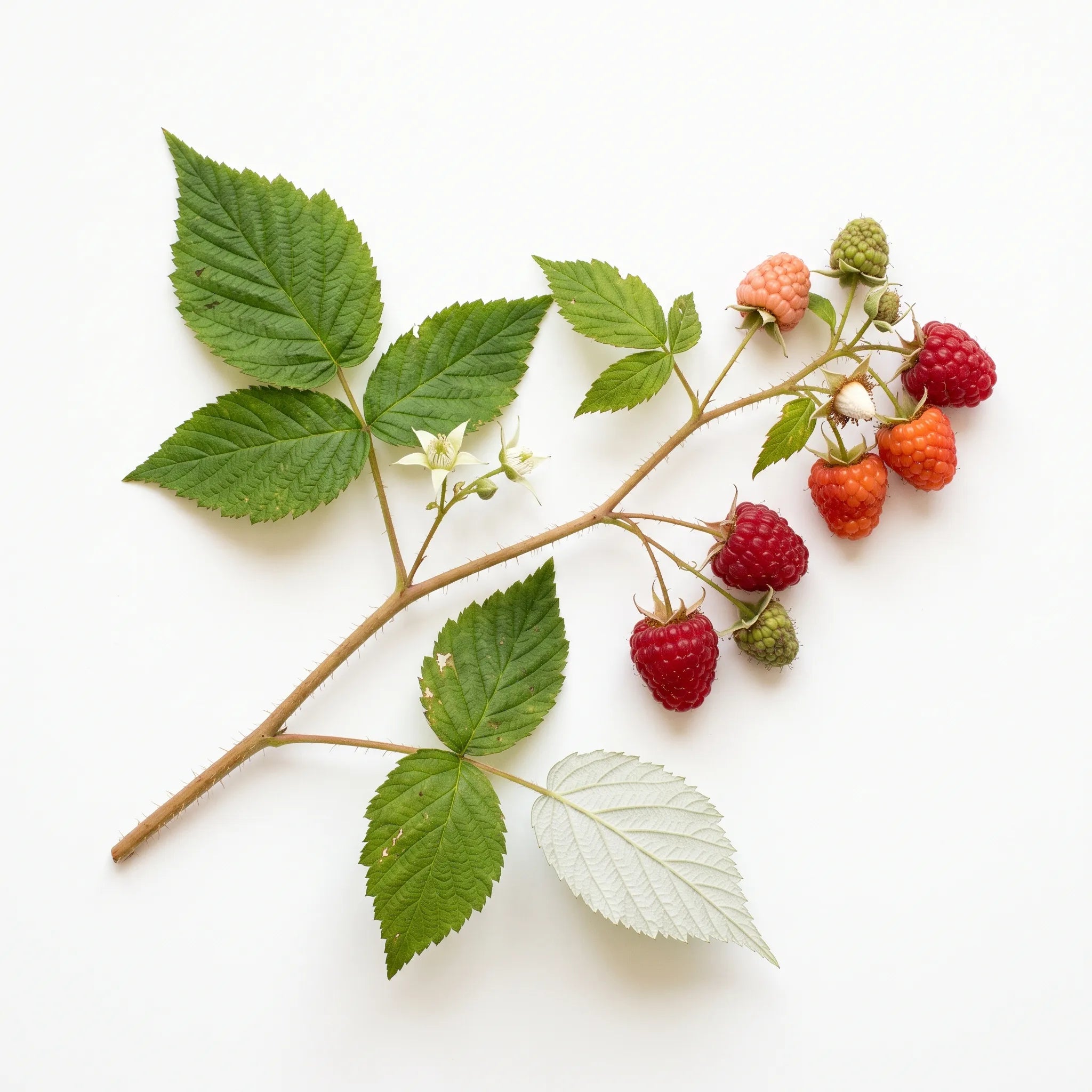 Rameau de framboisier sauvage portant des fruits à toutes maturités et une feuille retournée blanc argenté dessous, sur fond blanc de studio