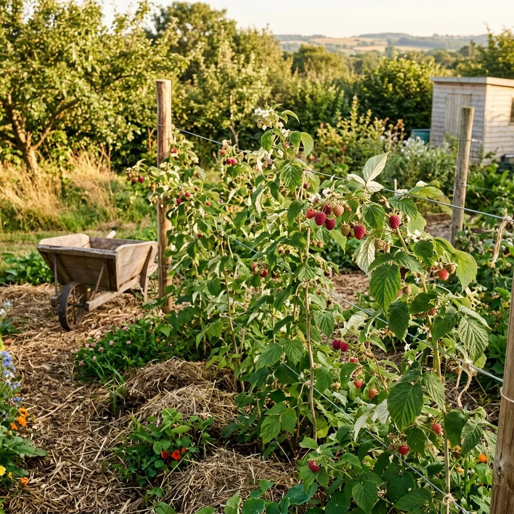 Rang de framboisiers sauvages palissé sur fils dans un jardin nourricier paillé de permaculture