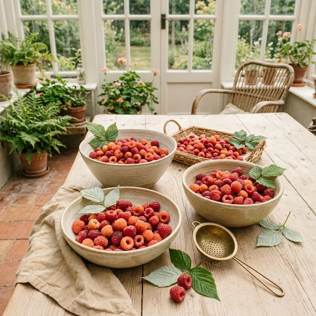 Récolte de framboises sauvages dans des coupes de céramique crème et un panier d'osier, dans une véranda de jardin