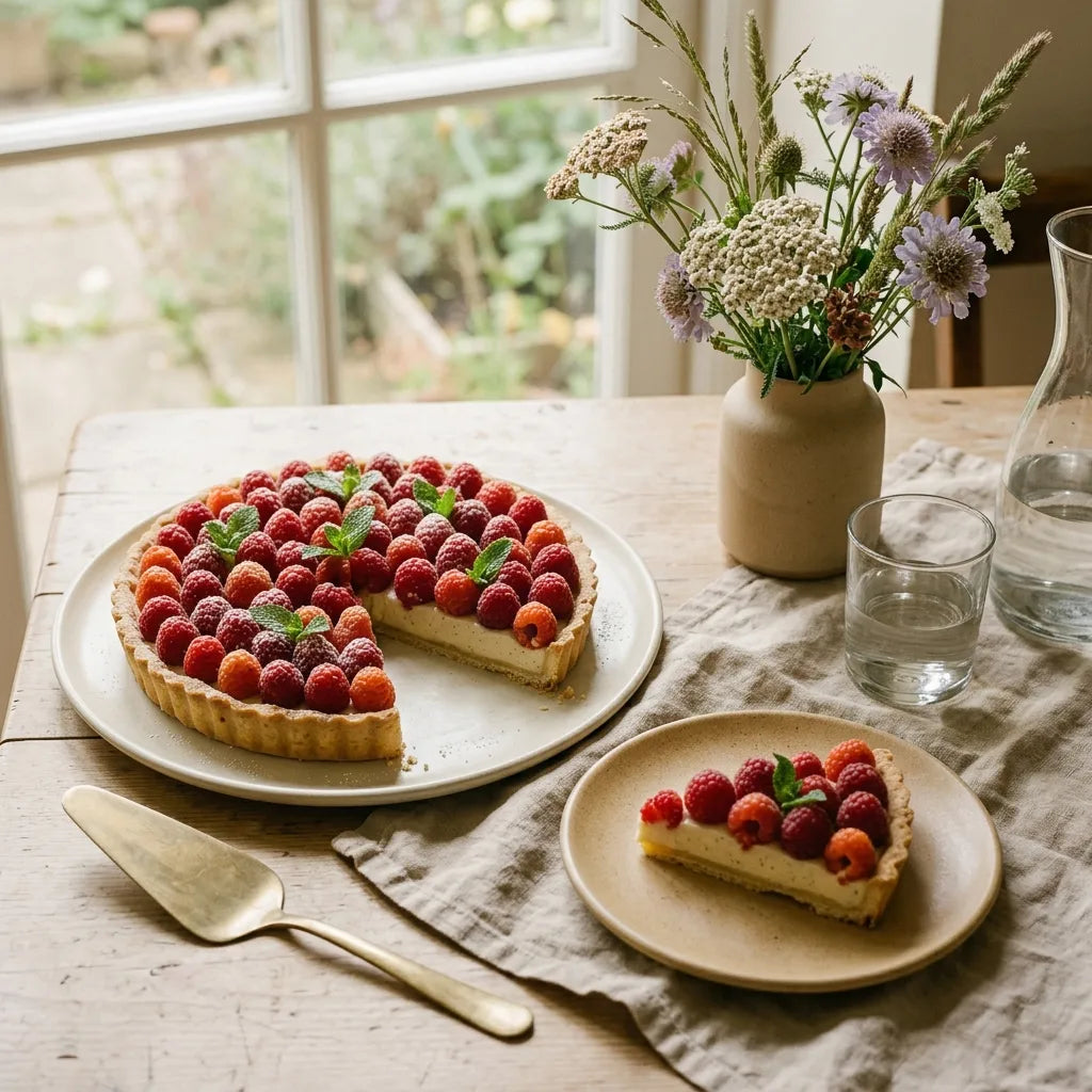 Tarte aux framboises sauvages sur crème pâtissière, entamée d'une part, dans une cuisine de campagne