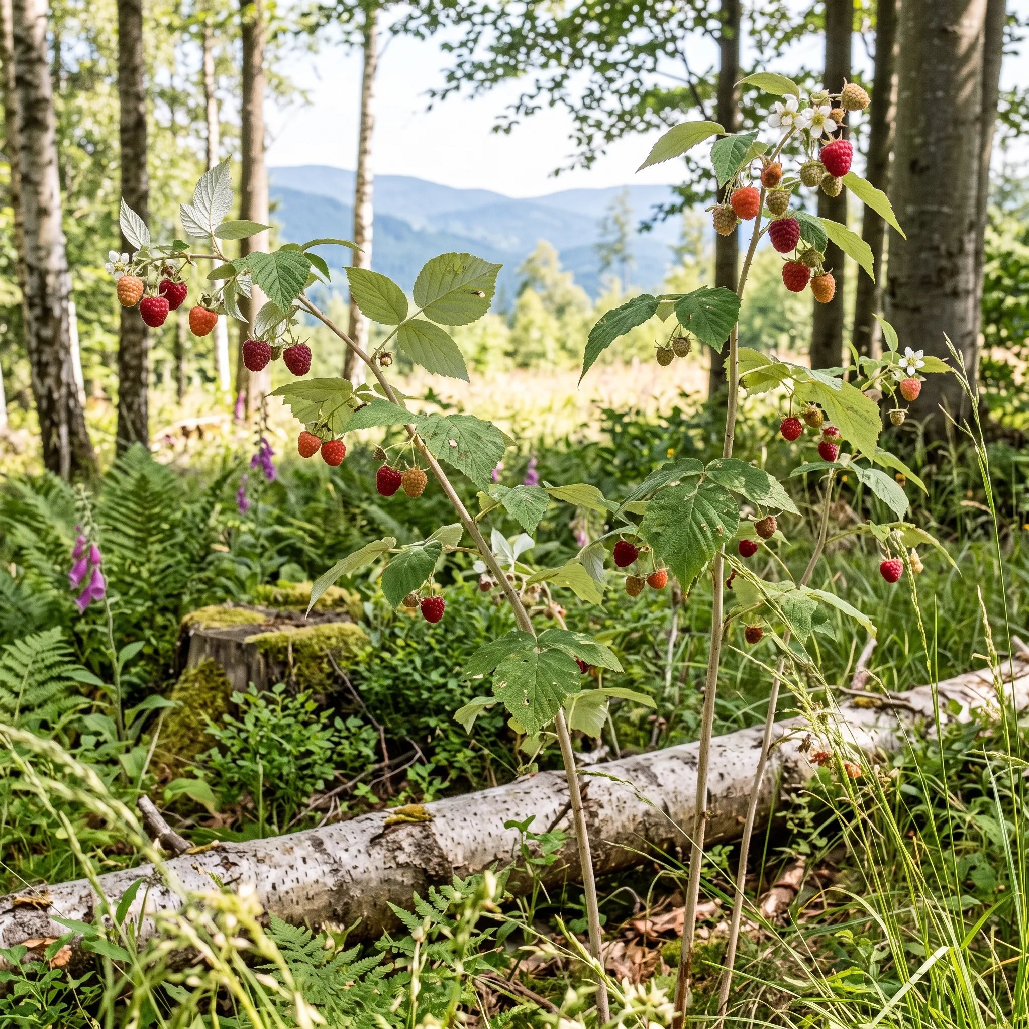 Touffe de framboisiers sauvages en fruit à la lisière d'un bois clair de montagne