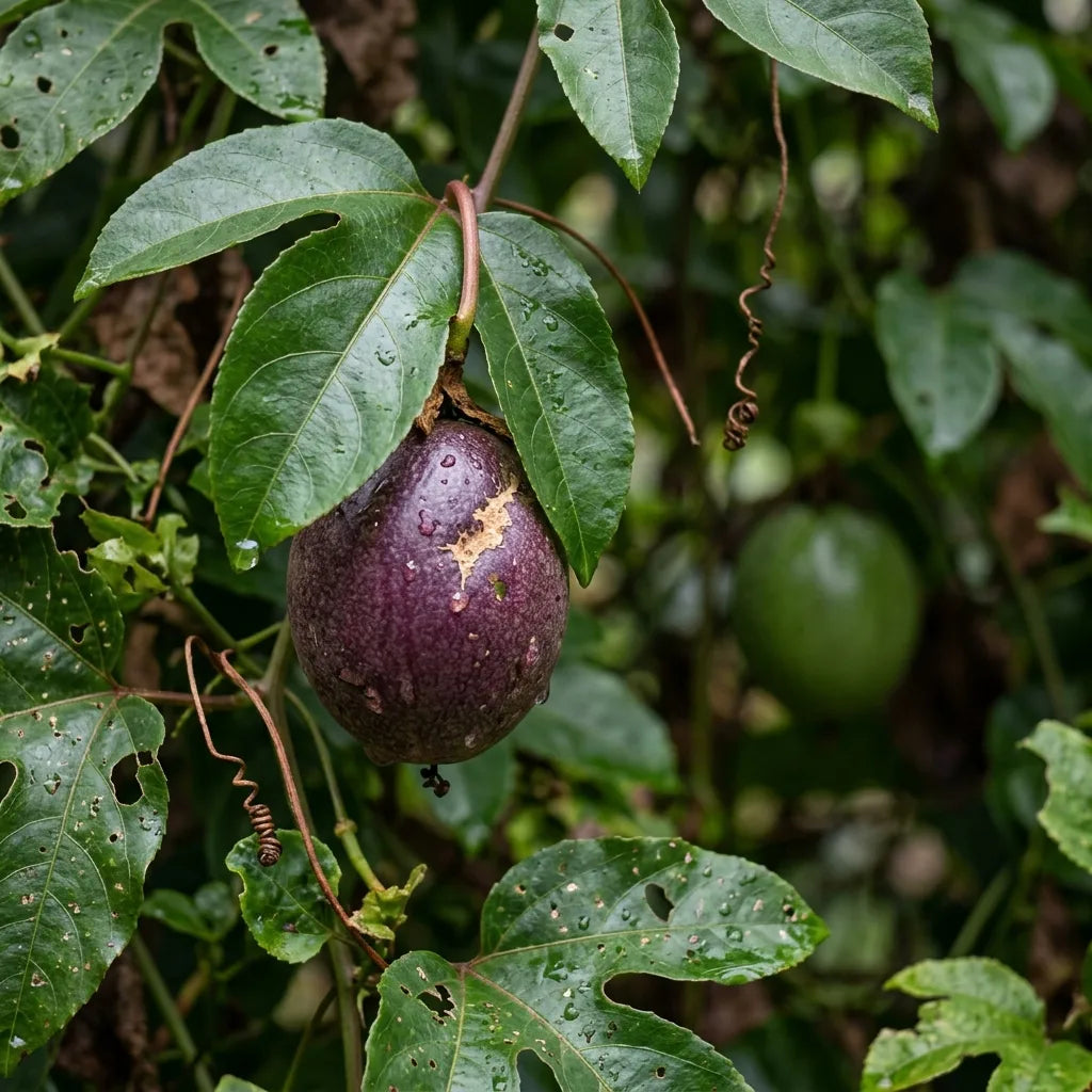 Fruit de la passion mûr suspendu à la liane, peau pourpre finement ridée — SemiSauvage