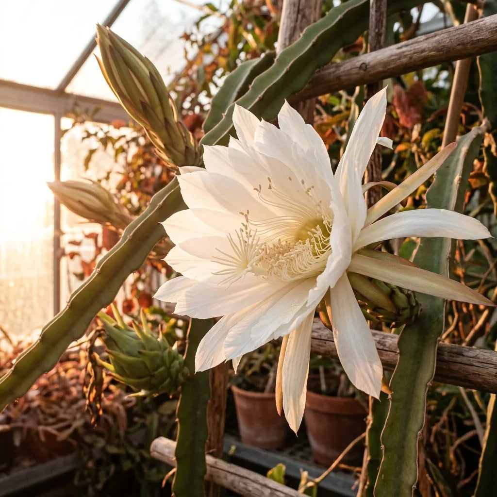 Fleur nocturne géante du pitaya épanouie au premier soleil — SemiSauvage