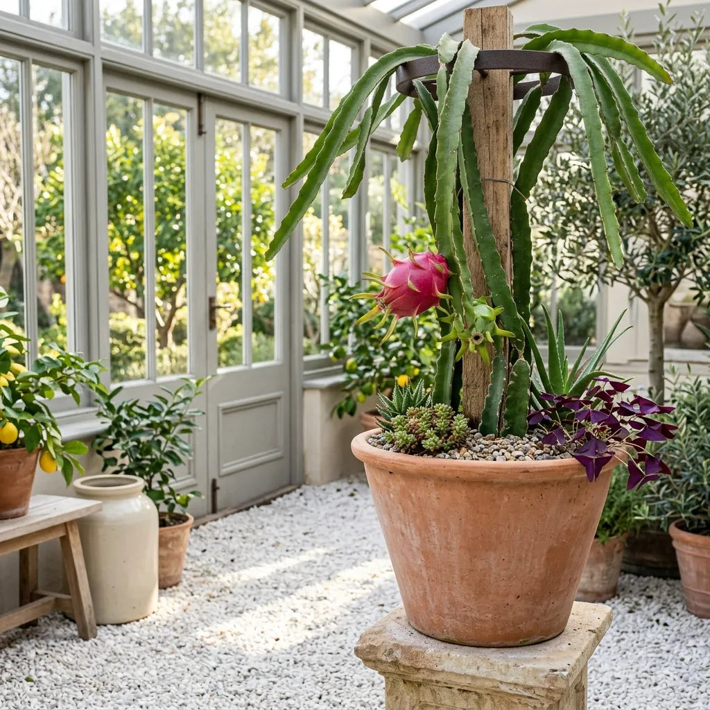 Fruit du dragon cultivé en pot de terre cuite dans un jardin d'hiver — SemiSauvage