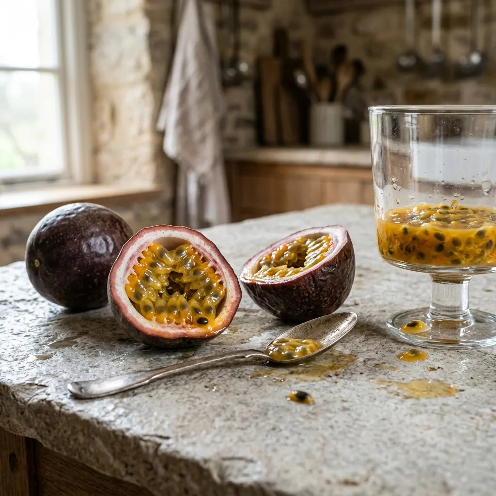 Fruits de la passion coupés montrant la pulpe orange gorgée de jus — SemiSauvage