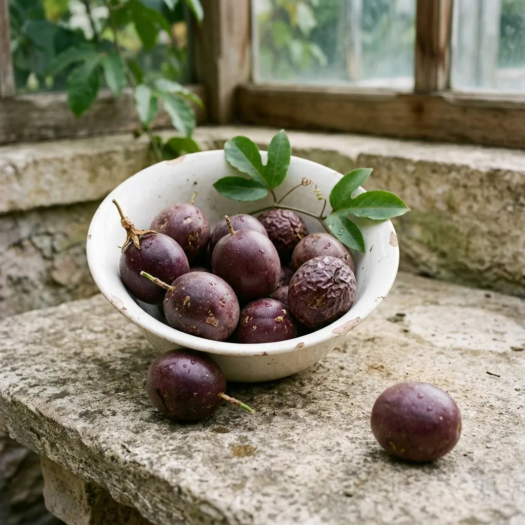 Récolte de fruits de la passion en vrac dans une coupe de faïence ancienne — SemiSauvage