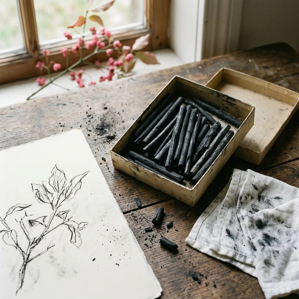 Bâtonnets de fusain à dessin dans un atelier, usage traditionnel du bois d'Euonymus europaeus — SemiSauvage