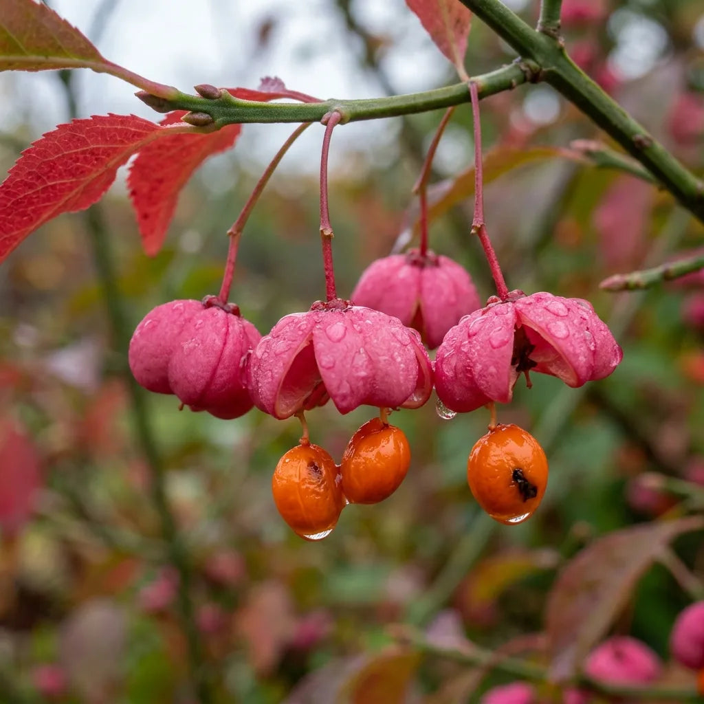 Capsules roses à quatre lobes ouvertes sur leurs arilles orange, macro sous la rosée — SemiSauvage