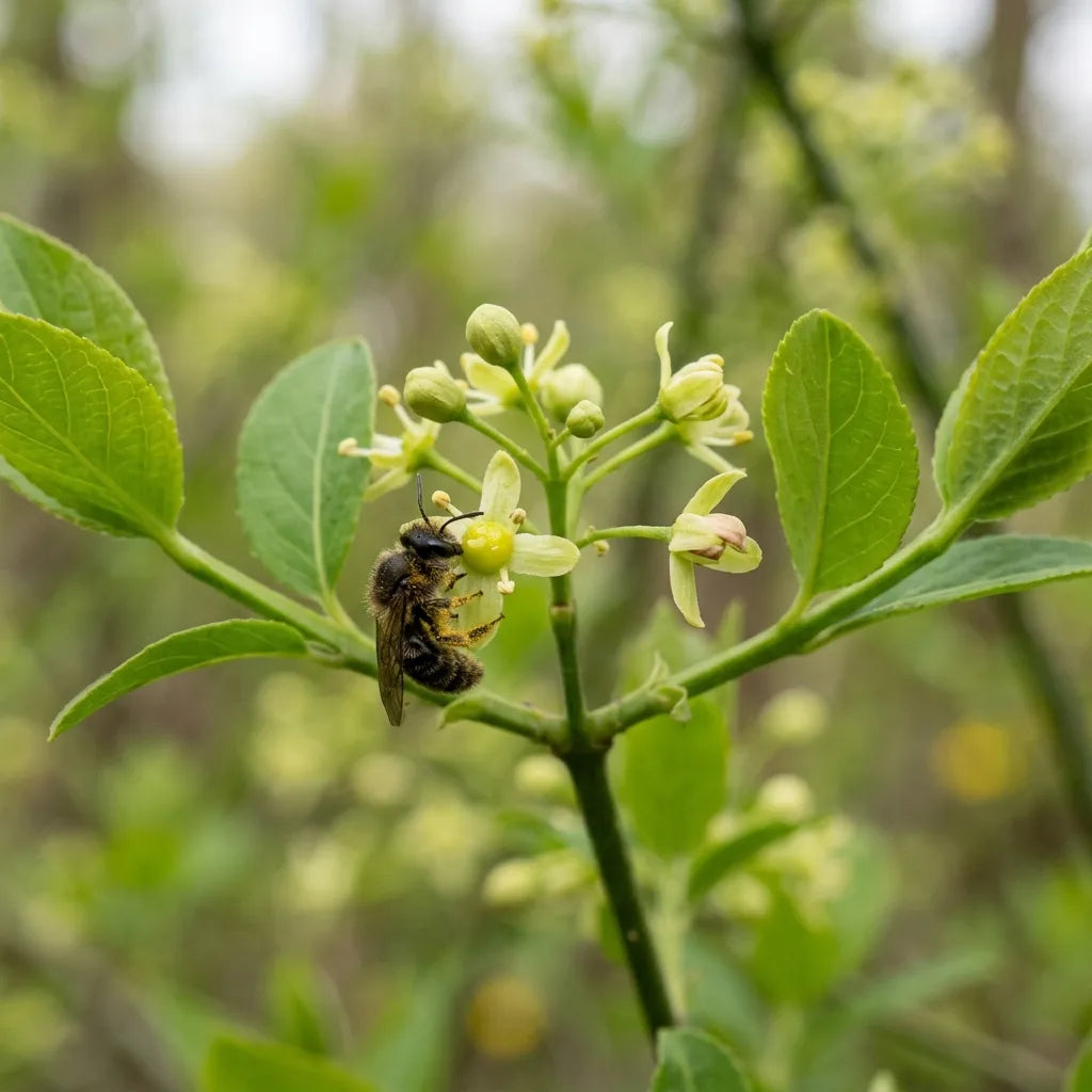 Abeille sauvage sur les discrètes fleurs verdâtres du fusain d'Europe au printemps — SemiSauvage