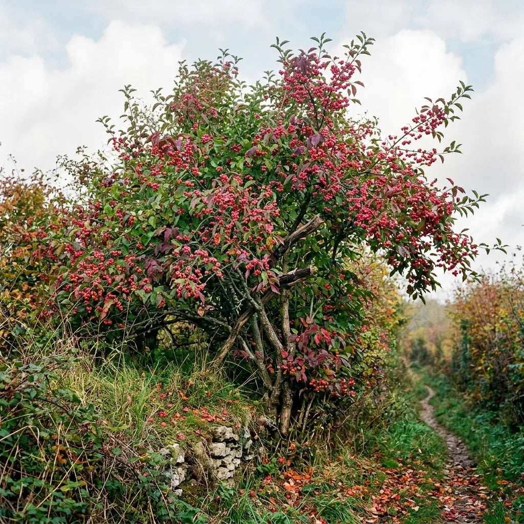 Fusain d'Europe adulte en haie champêtre bocagère, couvert de fruits roses en automne — SemiSauvage