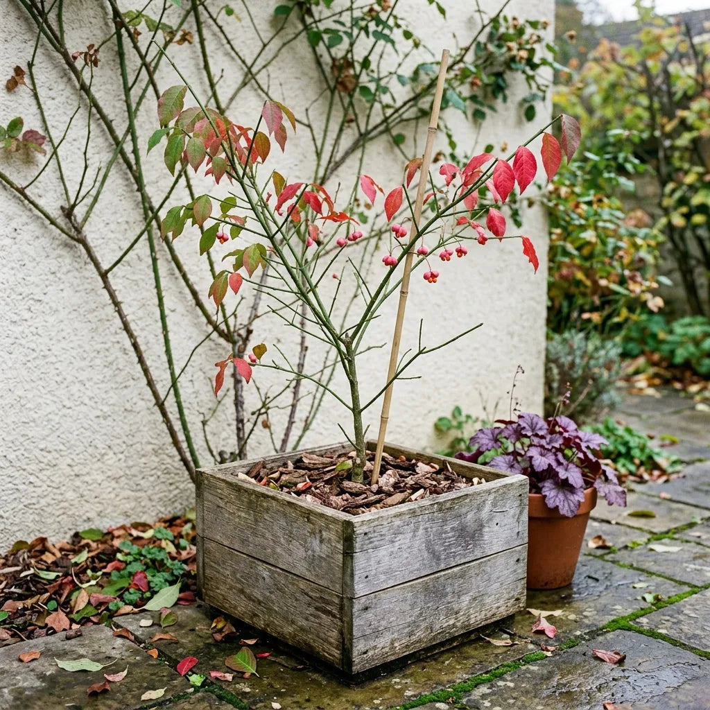 Jeune fusain d'Europe cultivé en bac de bois dans une cour de jardin — SemiSauvage