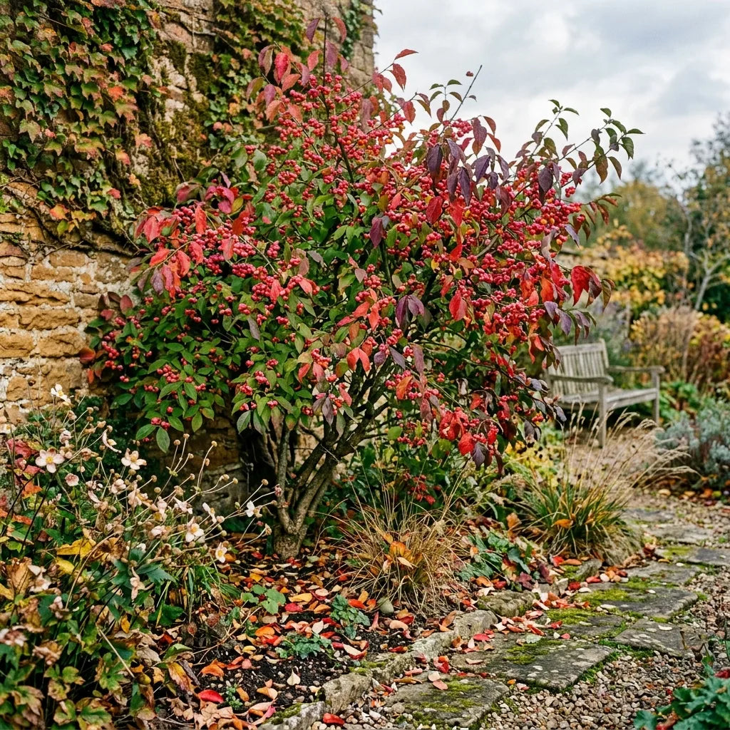 Fusain d'Europe en massif ornemental d'automne devant un mur de pierre — SemiSauvage