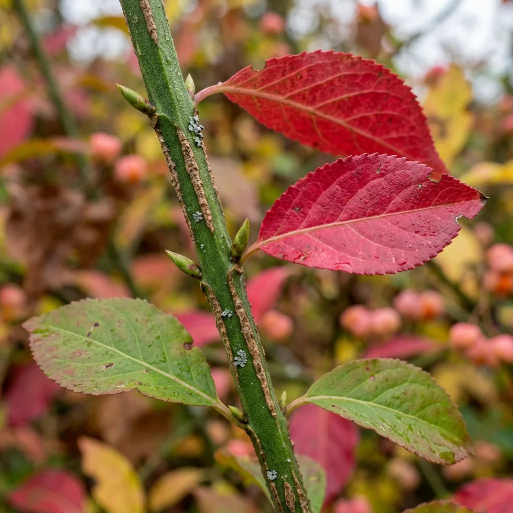 Rameau vert à section quadrangulaire et feuilles opposées d'Euonymus europaeus, détail botanique — SemiSauvage