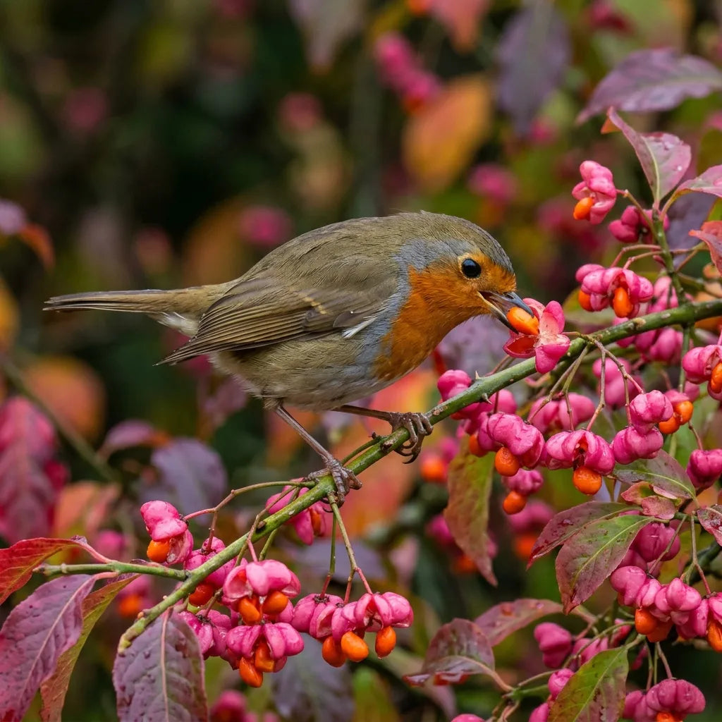 Rouge-gorge se nourrissant des arilles orange du fusain d'Europe, ressource pour les oiseaux — SemiSauvage