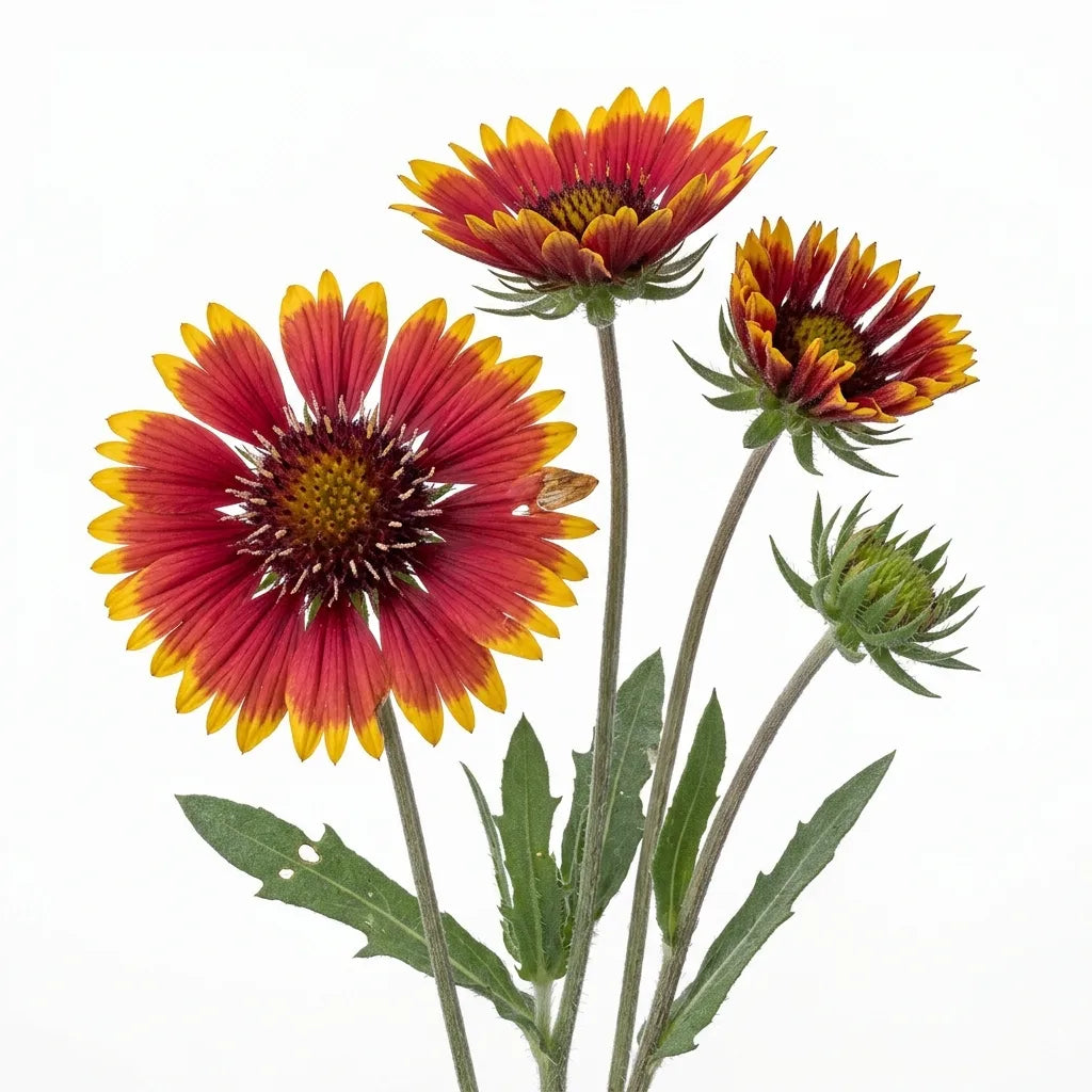 Fleurs de gaillarde (Gaillardia aristata) rouge et or à différents stades, sur fond blanc — SemiSauvage