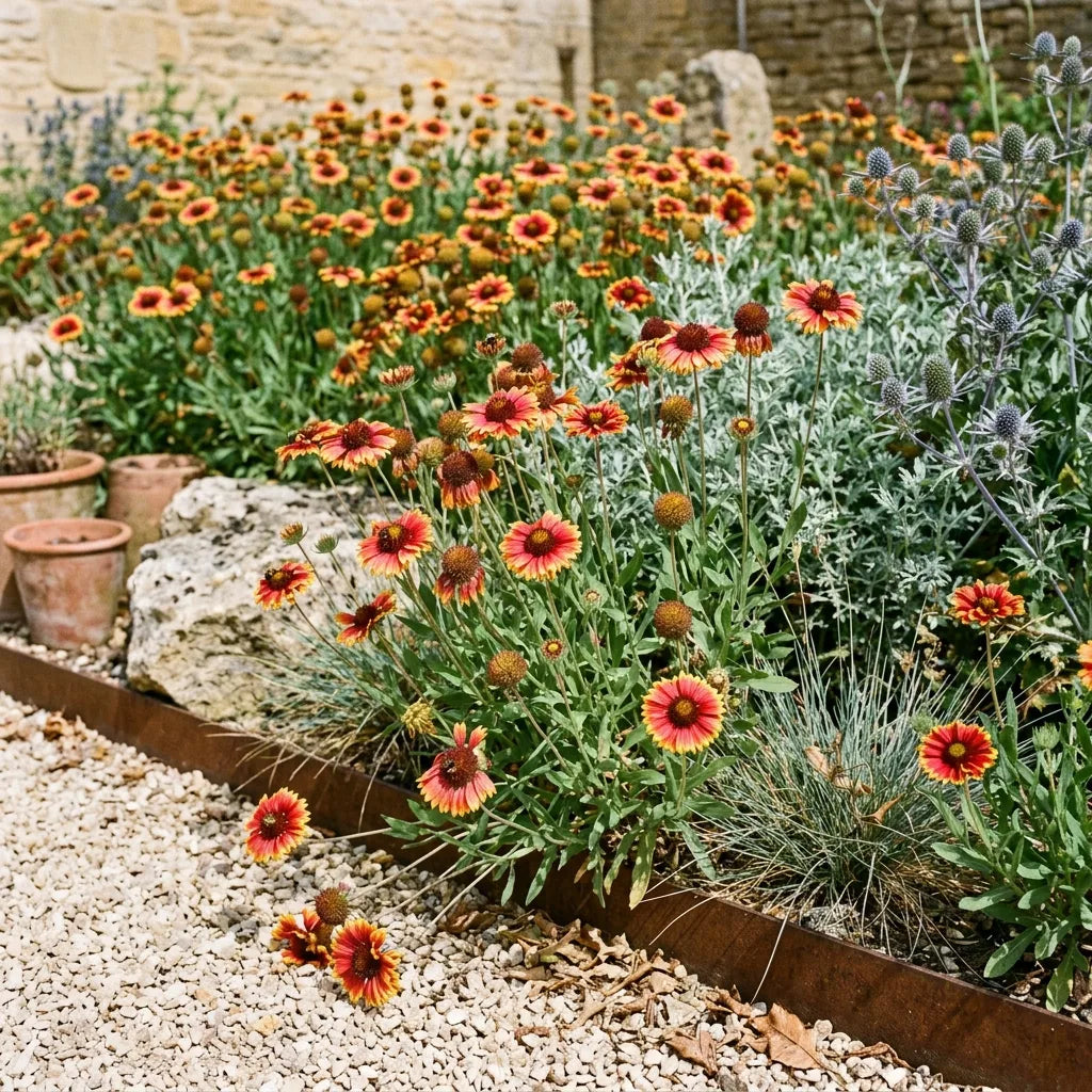 Massif de gaillardes (Gaillardia aristata) dans un jardin de gravier — SemiSauvage