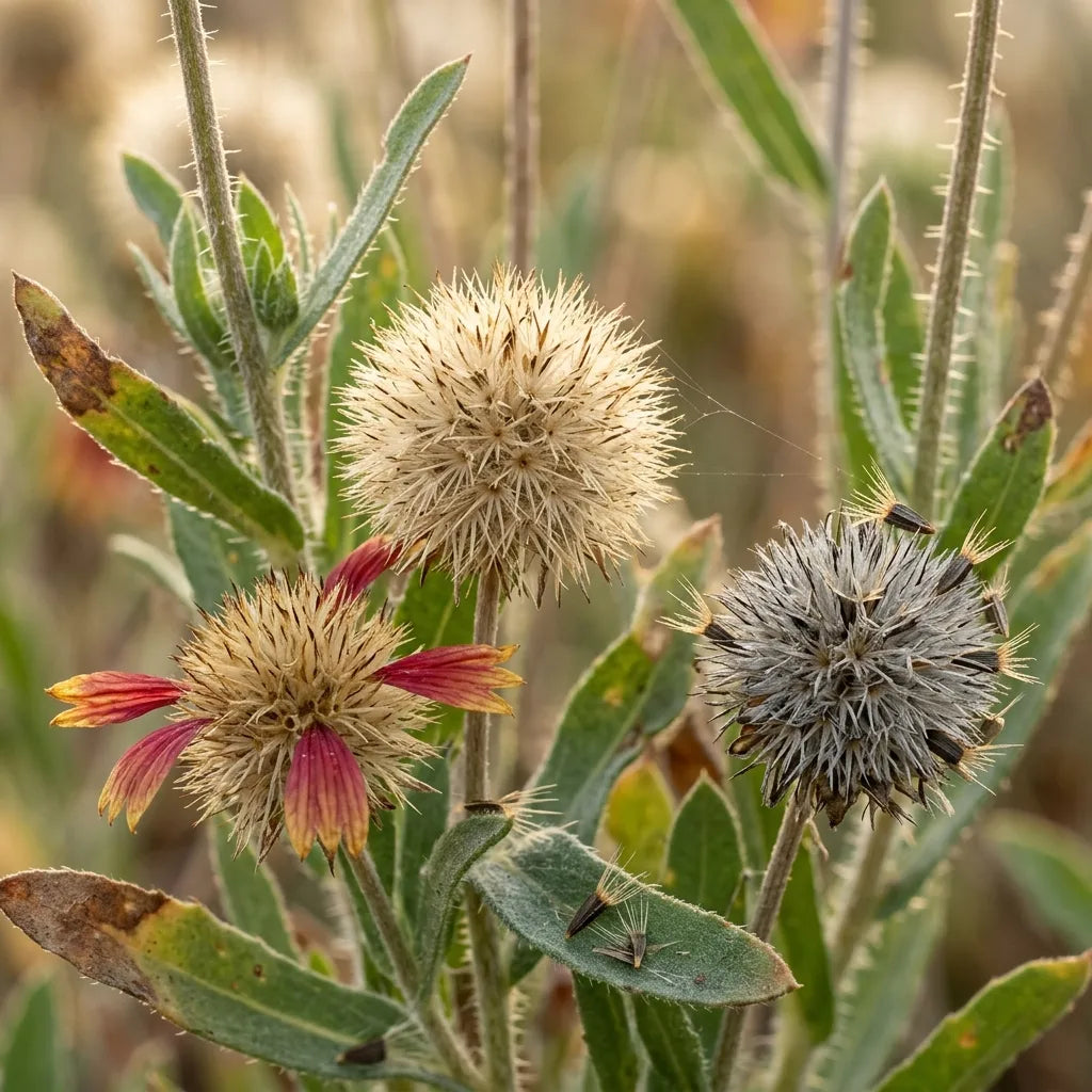 Têtes de graines hérissées de gaillarde (Gaillardia aristata) en fin d'été — SemiSauvage