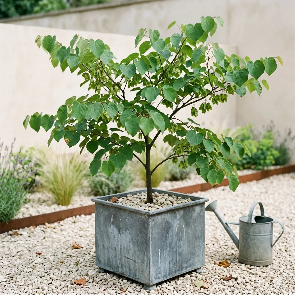 Jeune gainier de Chine (Cercis chinensis) cultivé en bac de zinc sur une terrasse de gravier — SemiSauvage