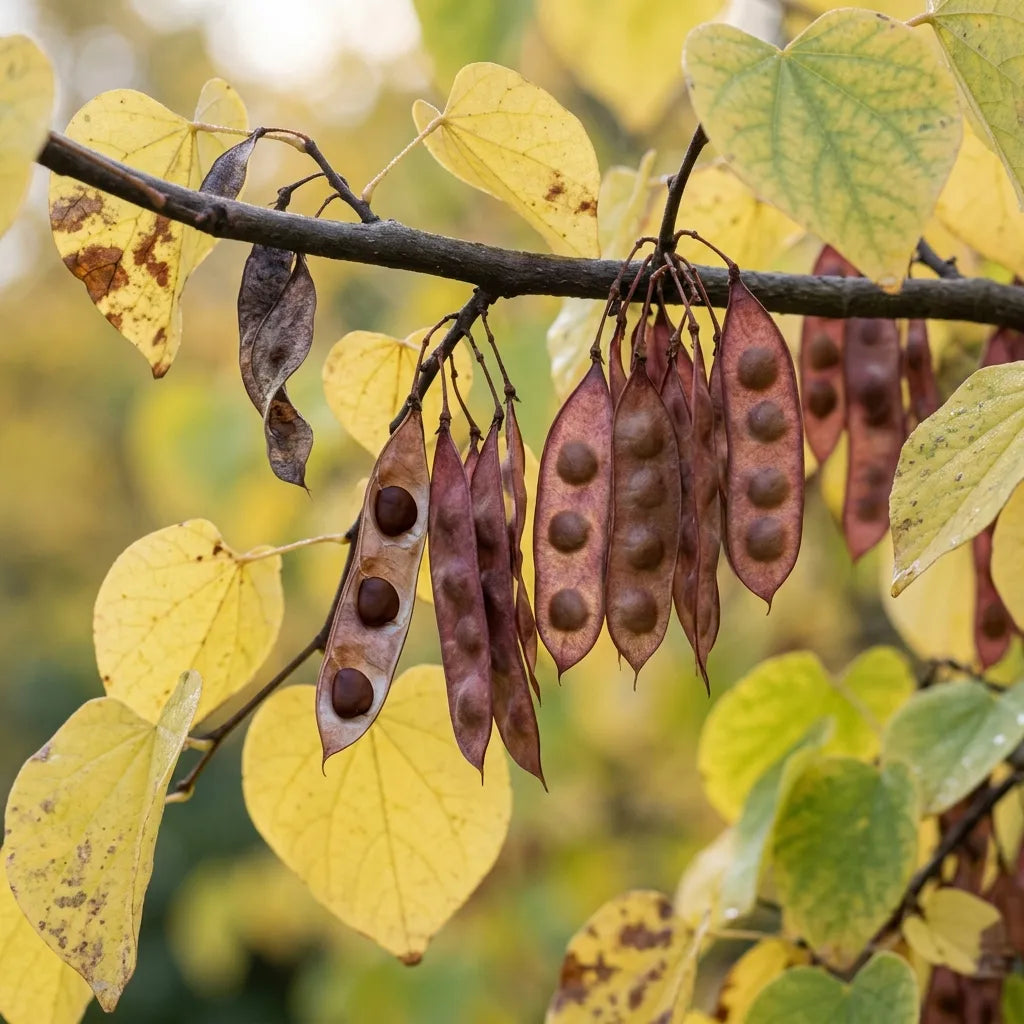 Gousses plates et feuillage jaune d'automne du gainier de Chine (Cercis chinensis) — SemiSauvage