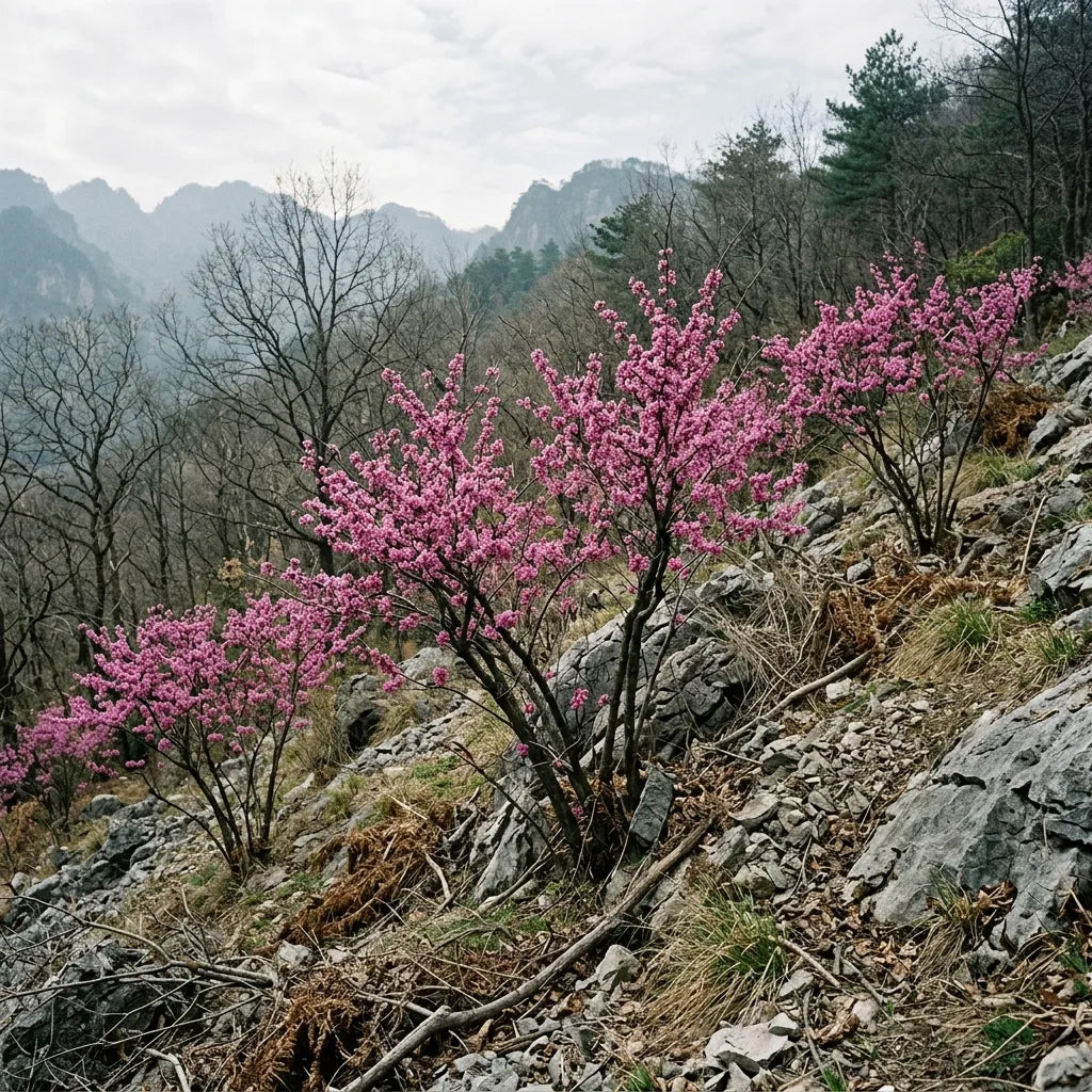 Gainiers de Chine (Cercis chinensis) sauvages sur un coteau rocheux en Chine — SemiSauvage