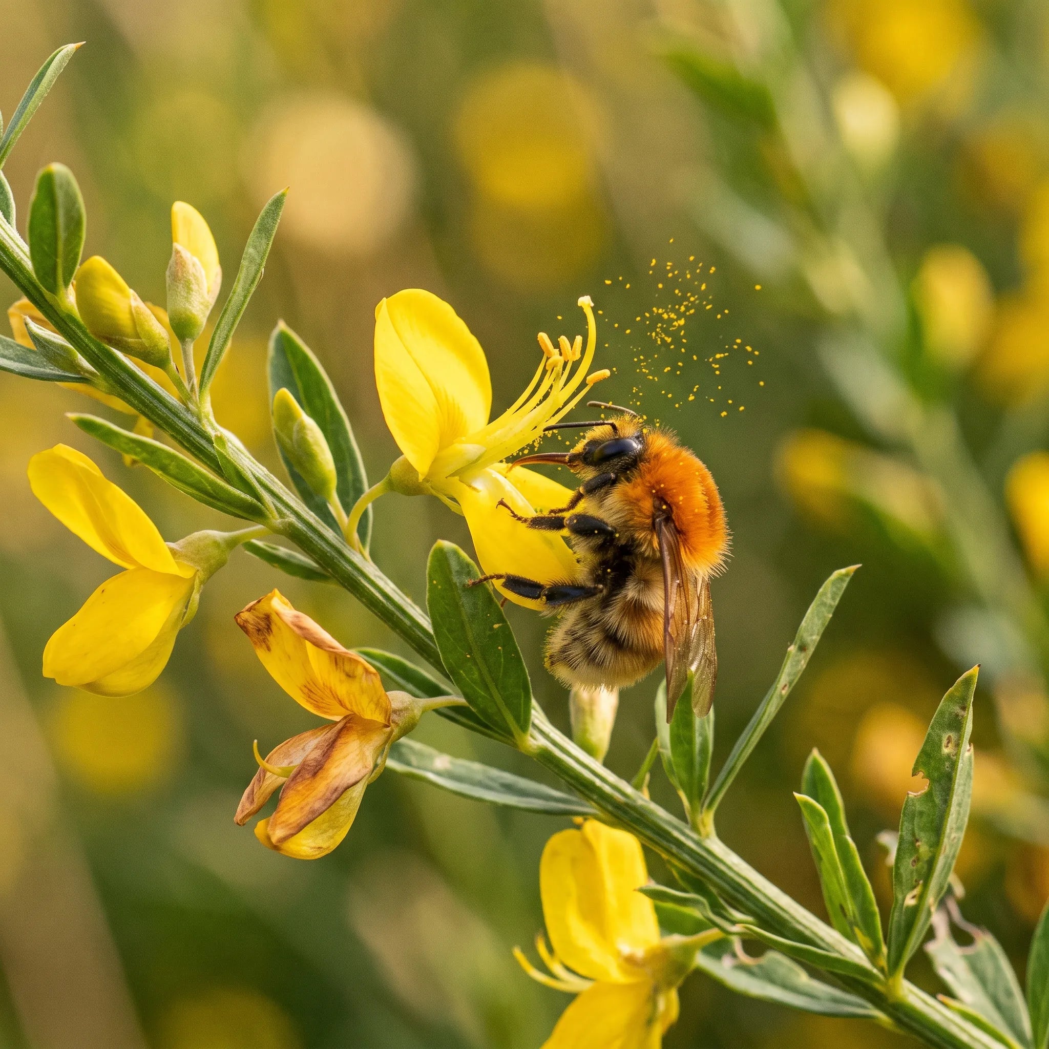 Mécanisme explosif de la fleur de genêt : les étamines saupoudrent le bourdon de pollen