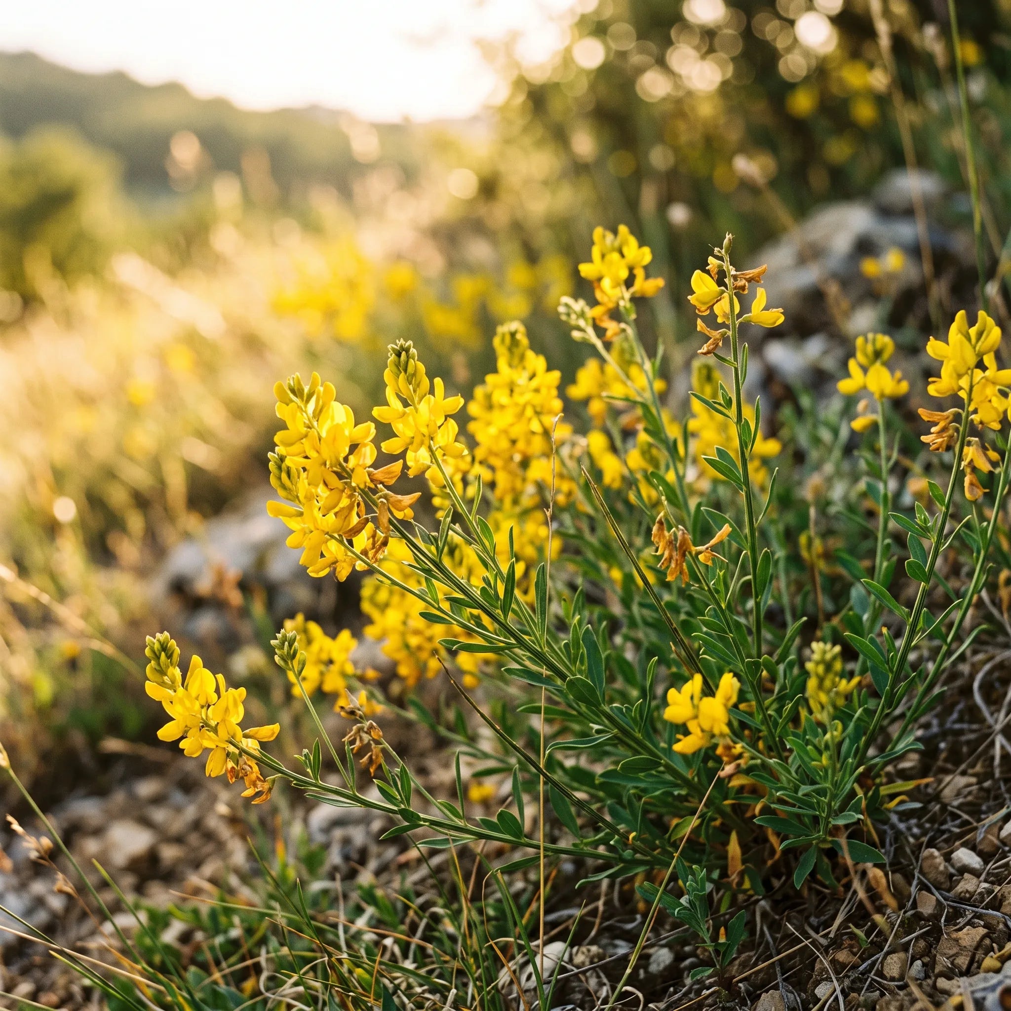 Genêt des teinturiers en pleine floraison jaune d'or sur un talus sec — graines reproductibles SemiSauvage