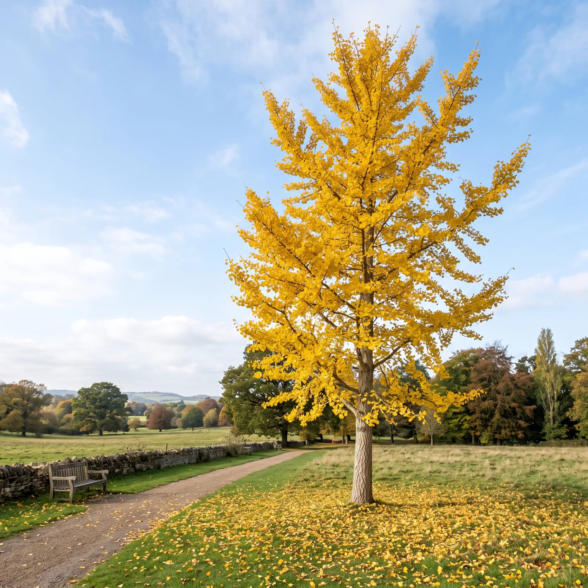 Ginkgo biloba adulte au feuillage doré d'automne dans un parc — SemiSauvage