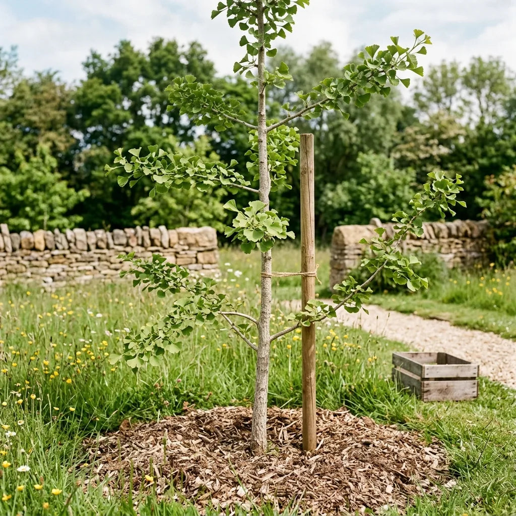 Jeune ginkgo biloba planté et paillé dans un jardin de campagne — SemiSauvage