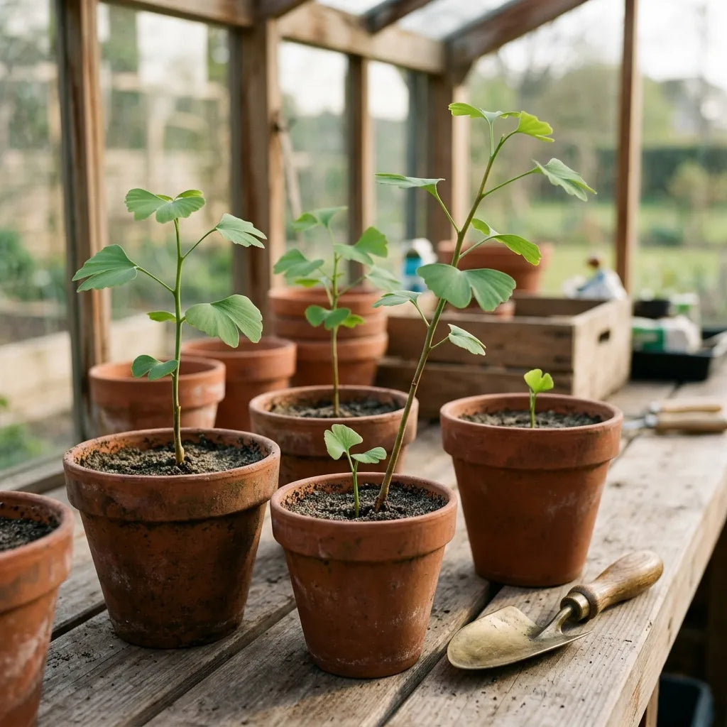 Jeunes plants de ginkgo biloba en godets de terre cuite sous châssis — SemiSauvage