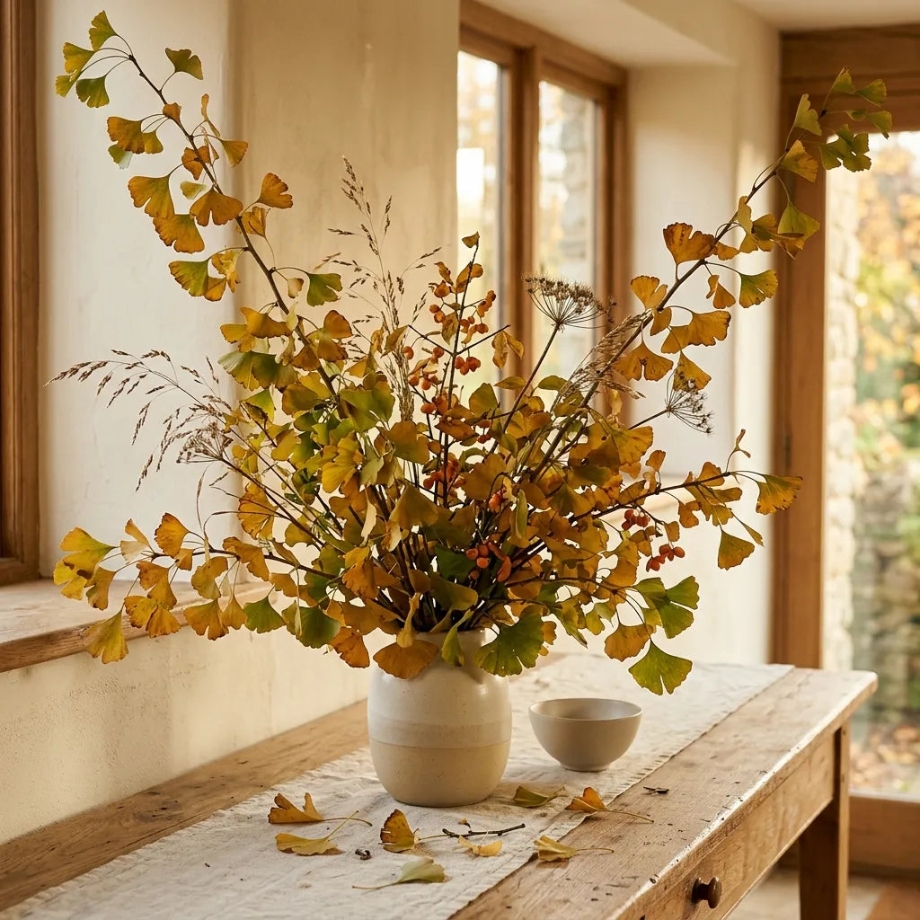 Bouquet de rameaux de ginkgo dorés dans un vase en céramique — SemiSauvage