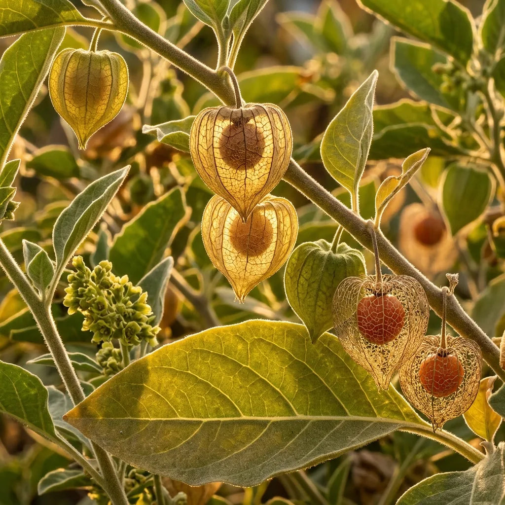 Lanternes de ginseng indien à contre-jour, baies rouges par transparence — SemiSauvage